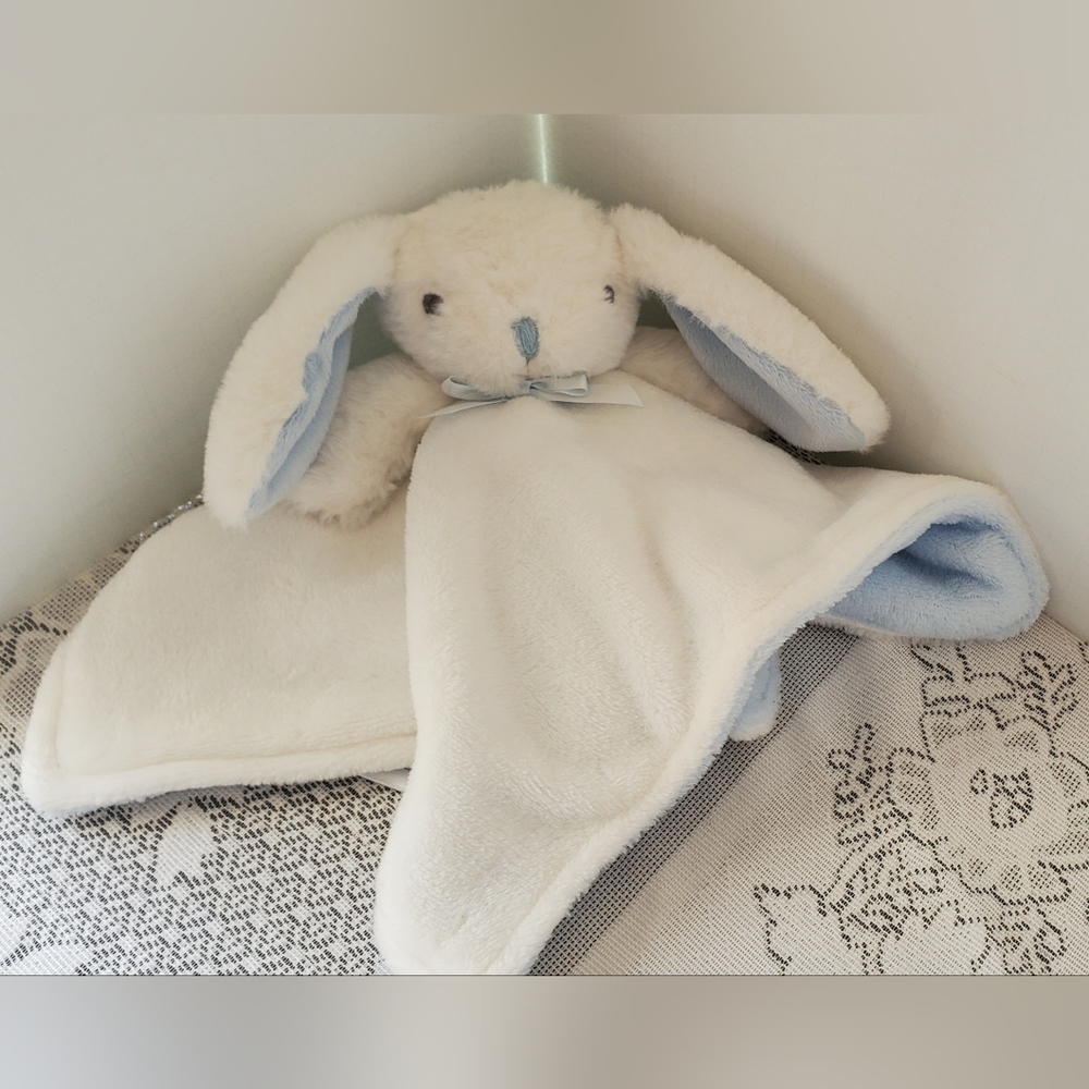 Nuby Blue White Bunny Baby Blanket Soft Security Lovey Plush Rabbit Comforter